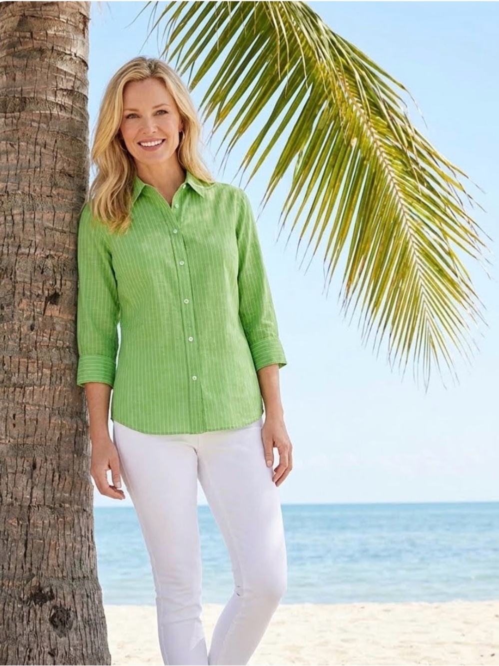 Talbots Green Pinstripe Button-Up Blouse - Picture 2 of 11